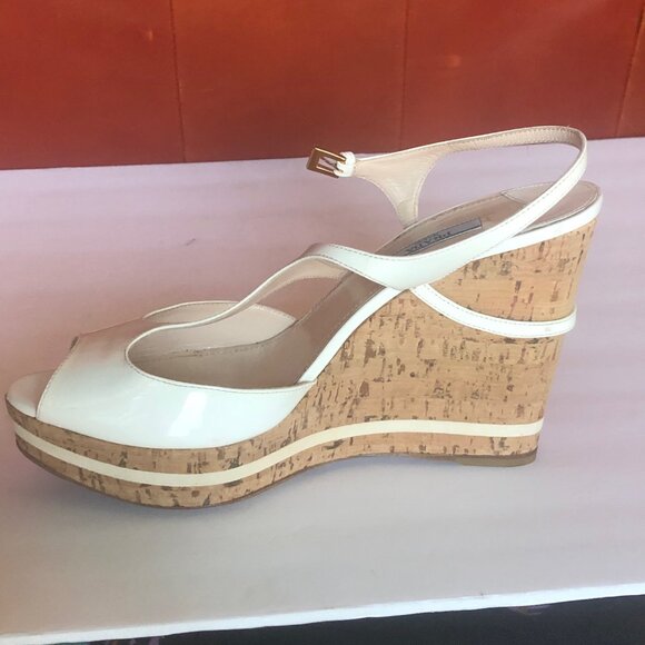 PRADA: Off-White Patent Leather Cork Wedge Sandals EU 40 / US 9 1/2 - Picture 1 of 8